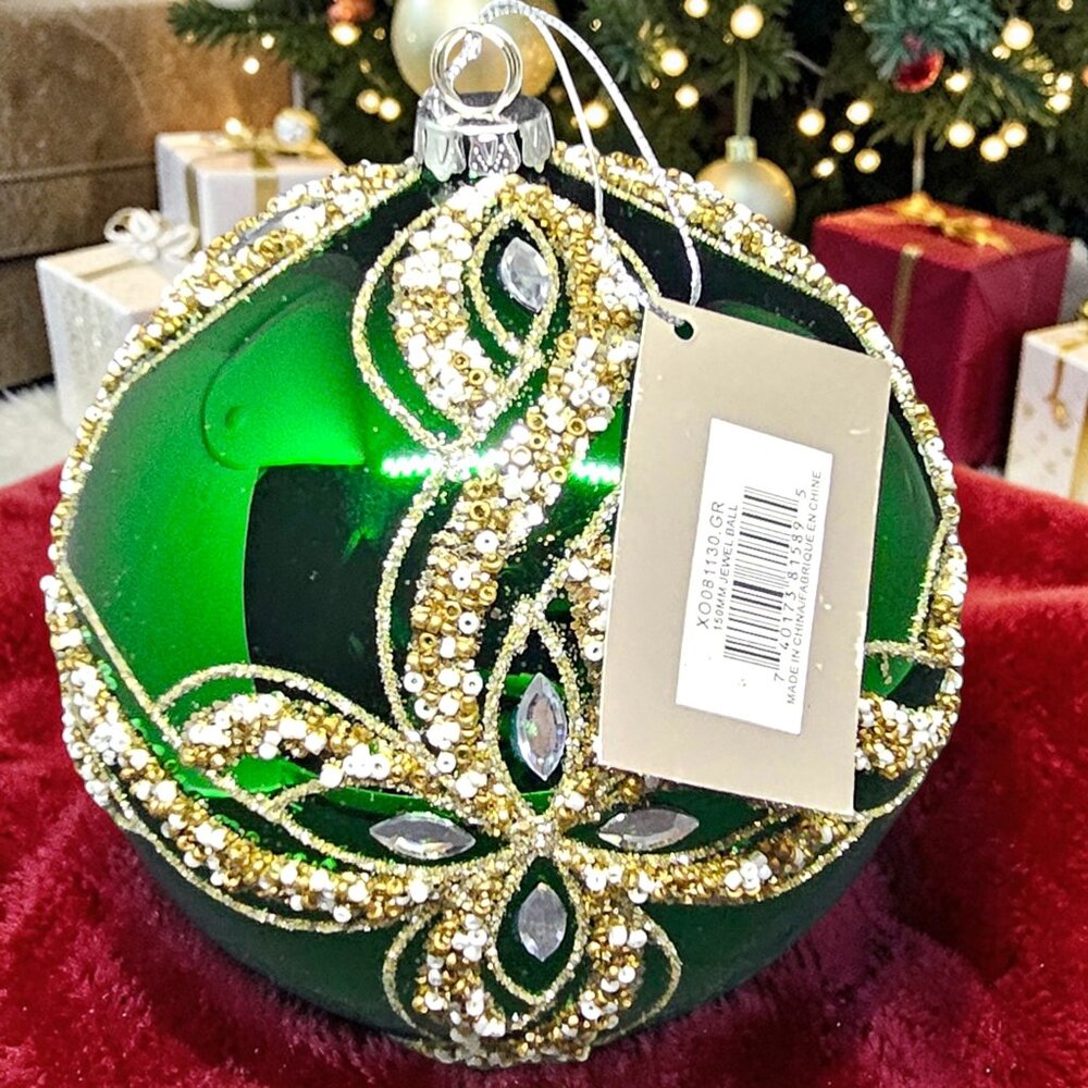 6” Emerald Green Jeweled Christmas Ornament Gold Beaded Luxe Decor - Picture 5 of 8